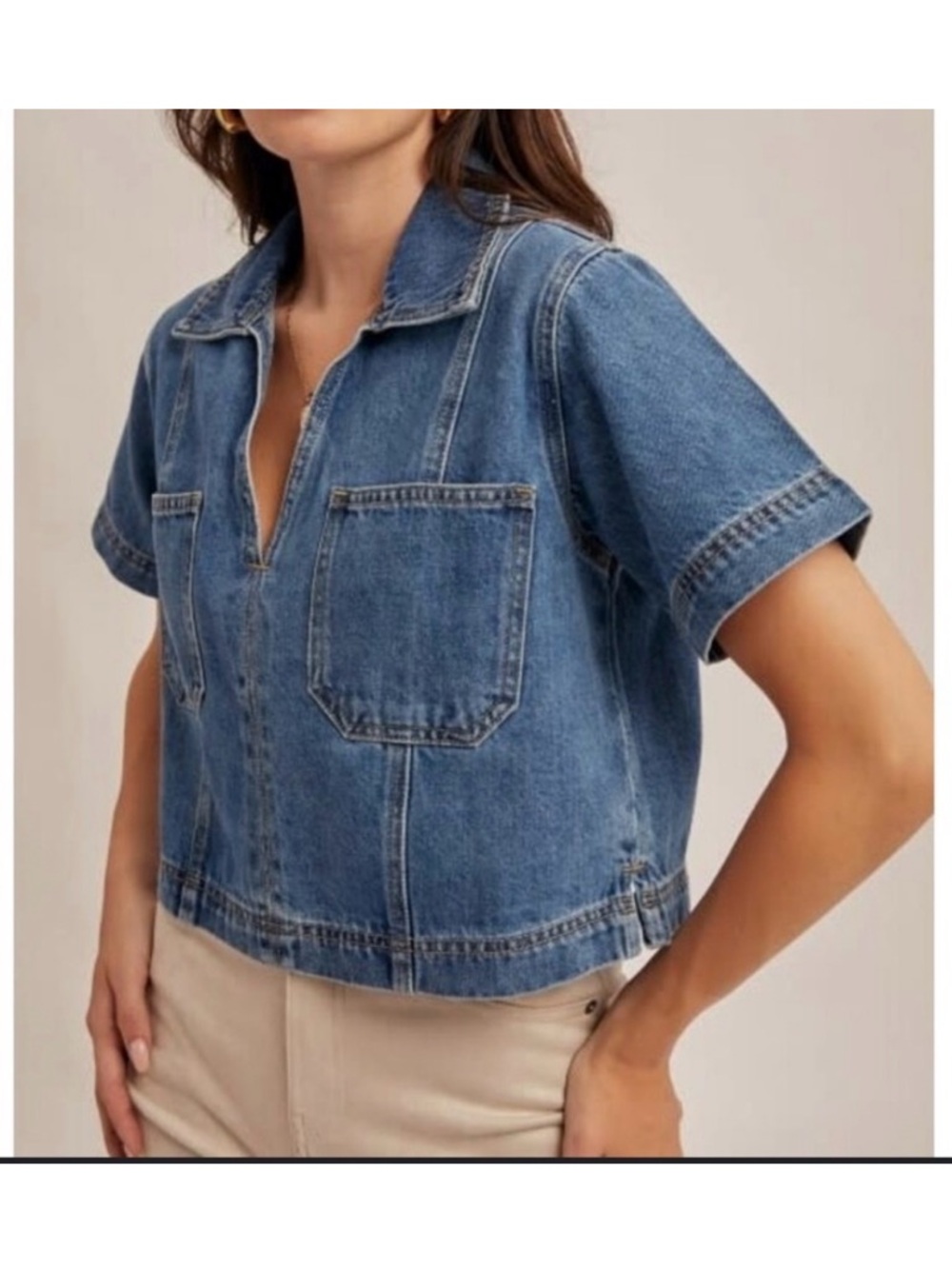 Zara Blue Denim Short-Sleeve Utility Top